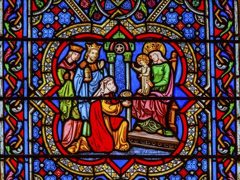 Three Kings Mary Jesus Christ Stained Glass Notre Dame Cathedral Paris France.  Notre Dame was built between 1163 and 1250AD.  