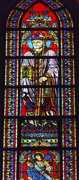 Saint Augustus Bishop Angel Stained Glass Notre Dame Cathedral Paris France.  Notre Dame was built between 1163 and 1250AD.  