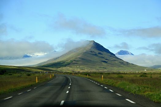 Landscape with road and mountains in fog,Iceland