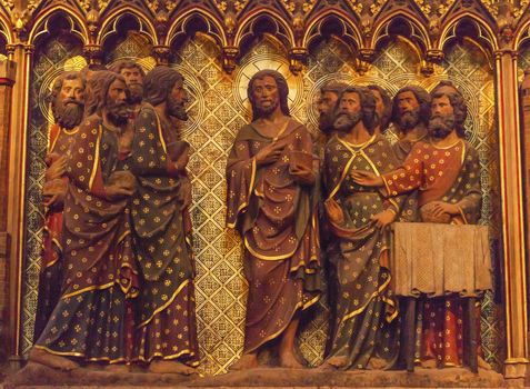 Jesus Christ Twelve Disciples Wooden Panel Statues Sculpture Notre Dame Cathedral Paris France.  Notre Dame was built between 1163 and 1250AD.  