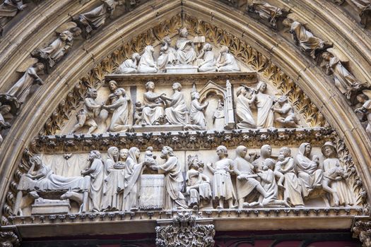 Biblical Statues Cloisters Door Notre Dame Cathedral Paris France.  Notre Dame was built between 1163 and 1250AD.  