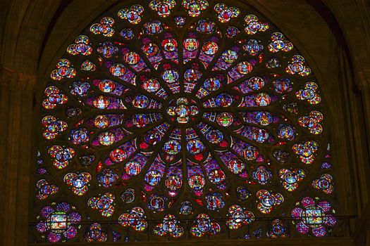South Rose Window VJesus Disciples Stained Glass Notre Dame Cathedral Paris France.  Notre Dame was built between 1163 and 1250 AD.  