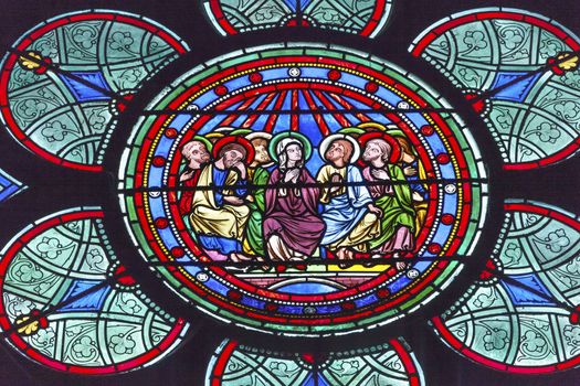 Three Kings Mary Jesus Christ Stained Glass Notre Dame Cathedral Paris France.  Notre Dame was built between 1163 and 1250AD.  