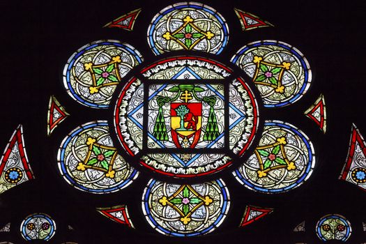 French Coat of Arms Lion Tree Kings Stained Glass Notre Dame Cathedral Paris France.  Notre Dame was built between 1163 and 1250AD.  