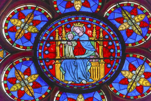 Virgin Mary Jesus Christ Stained Glass Notre Dame Cathedral Paris France.  Notre Dame was built between 1163 and 1250AD.  