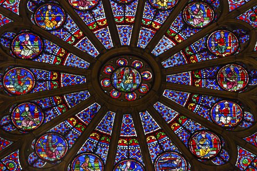 North Rose Window Virgin Mary Jesus Disciples Stained Glass Notre Dame Cathedral Paris France.  Notre Dame was built between 1163 and 1250 AD.  Virgin Mary Rose Window oldest in Notre Dame from 1250.