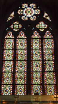 Green Red Blue Designs Stained Glass Notre Dame Cathedral Paris France.  Notre Dame was built between 1163 and 1250AD.