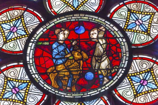 Lost Sheep Parable Jesus Christ Stained Glass Notre Dame Cathedral Paris France.  Notre Dame was built between 1163 and 1250 AD.  