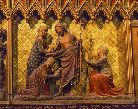 Women Praying Jesus Christ Wooden Panel Statues Sculpture Notre Dame Cathedral Paris France.  Notre Dame was built between 1163 and 1250AD.  