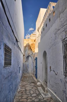 Narrow street of ancient Medina in Hammamet, Tunisia, Mediterranean Sea, Africa, HDR