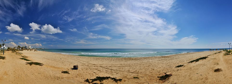 Sunny beach, Hammamet in Tunisia near Mediterranean Sea, Africa, HDR Panorama