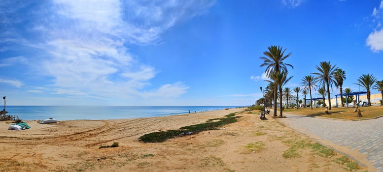 Sunny beach, Hammamet in Tunisia near Mediterranean Sea, Africa, HDR Panorama