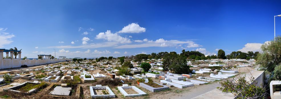 Cafe on stony beach of ancient Medina, Hammamet, Tunisia, Mediterranean Sea, Africa, HDR Panorama