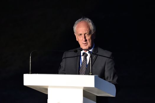 GREECE, Athens: Paco Borao, President of AIMS, speaks during the Ceremony of the Lighting of the Marathon Flame at the Marathon Tomb in Athens, Greece, on November 7, 2015.