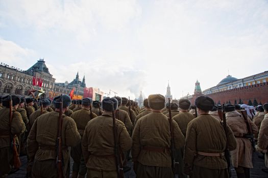 RUSSIA, Moscow: Several thousand servicemen march across the Red Square in commemoration of the historical 1941 military parade in Moscow, Russia, on November 7, 2015. 