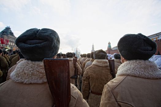 RUSSIA, Moscow: Several thousand servicemen march across the Red Square in commemoration of the historical 1941 military parade in Moscow, Russia, on November 7, 2015. 