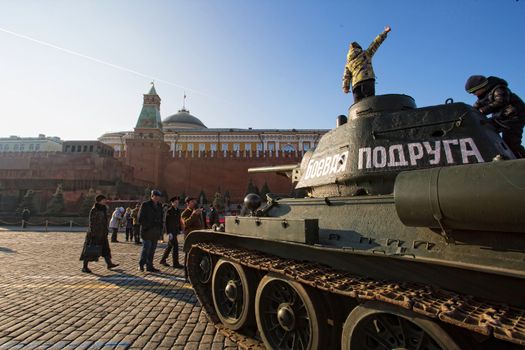 RUSSIA, Moscow: A tank is seen on the Red Square during a parade in commemoration of the historical 1941 military parade in Moscow, Russia, on November 7, 2015. 