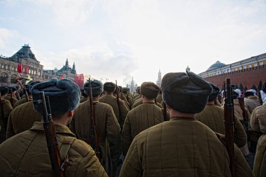 RUSSIA, Moscow: Several thousand servicemen march across the Red Square in commemoration of the historical 1941 military parade in Moscow, Russia, on November 7, 2015. 