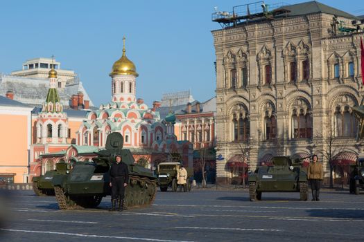 RUSSIA, Moscow: Military vehicles are seen on the Red Square during a parade in commemoration of the historical 1941 military parade in Moscow, Russia, on November 7, 2015. 