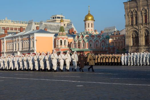 RUSSIA, Moscow: Several thousand servicemen march across the Red Square in commemoration of the historical 1941 military parade in Moscow, Russia, on November 7, 2015. 