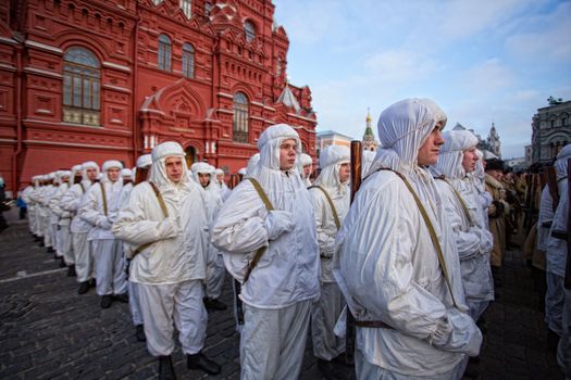 RUSSIA, Moscow: Several thousand servicemen march across the Red Square in commemoration of the historical 1941 military parade in Moscow, Russia, on November 7, 2015. 