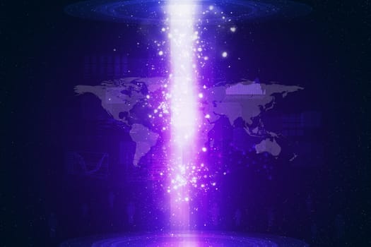 Abstract violet background with world map and flash