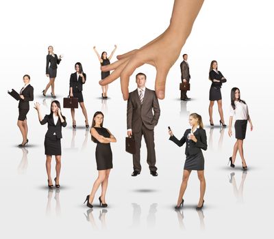 Set of business people with huge hand on isolated white background