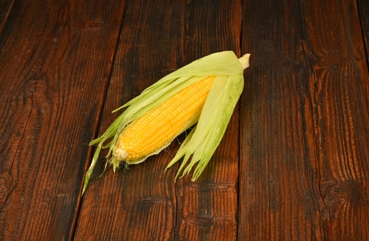 One open fresh yellow corn cob with green husk on dark brown vintage wooden surface