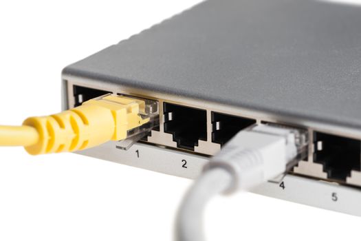 router with wires closeup on a white background