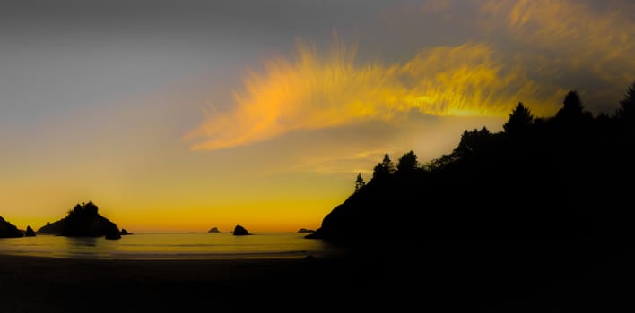 The Beach at Sunset, A panoramic color image of the beach at sunset. Taken near Trinidad, California, USA.