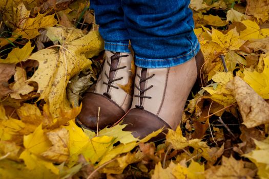 autumn, leaves, legs and shoes. Conceptual image of legs in boots on the autumn leaves. Feet shoes walking in nature