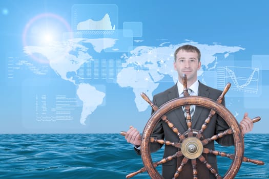 Businessman holding steering wheel on abstract background with world map