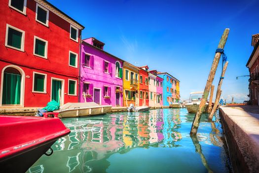 Colourfully painted house facade on Burano island, province of Venice, Italy