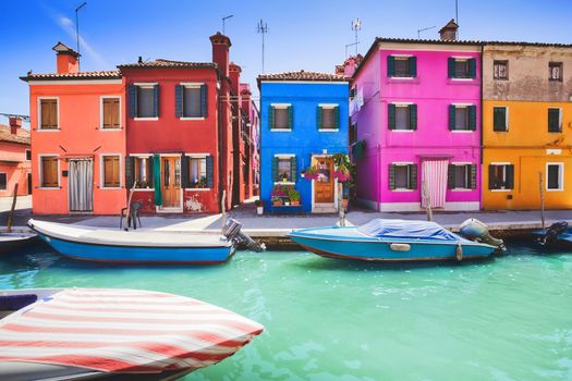 Colourfully painted house facade on Burano island, province of Venice, Italy