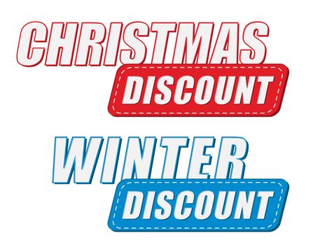 christmas and winter discount in two colors labels, business holiday shopping concept, flat design
