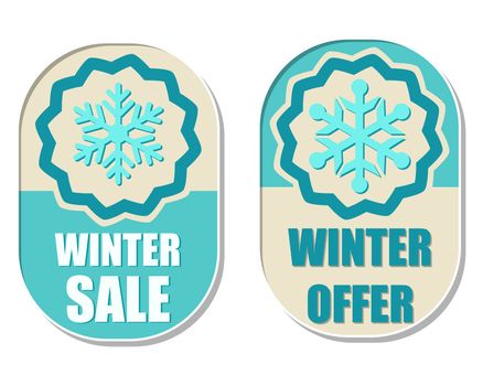 winter sale and offer with snowflake sign banners, two elliptic flat design labels with symbol, business seasonal shopping concept