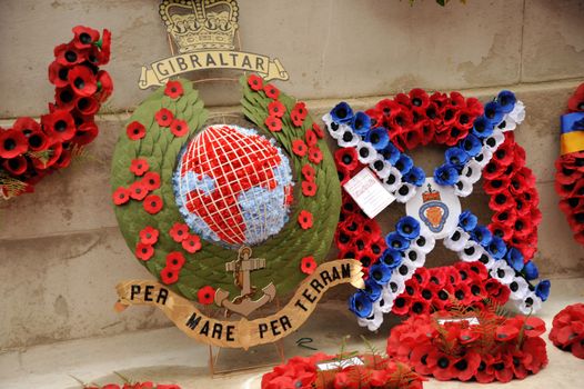 UK, London: Wreaths are laid at the Cenotaph on Whitehall for Remembrance Sunday on November 8, 2015. Both political leaders and members of the royal family visited the site that day during the National Service of Remembrance, honoring those who were killed in combat during World War II and after.