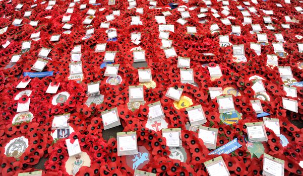 UK, London: Wreaths are laid at the Cenotaph on Whitehall for Remembrance Sunday on November 8, 2015. Both political leaders and members of the royal family visited the site that day during the National Service of Remembrance, honoring those who were killed in combat during World War II and after.