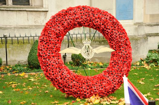 UK, London: Wreaths are laid at the Cenotaph on Whitehall for Remembrance Sunday on November 8, 2015. Both political leaders and members of the royal family visited the site that day during the National Service of Remembrance, honoring those who were killed in combat during World War II and after.