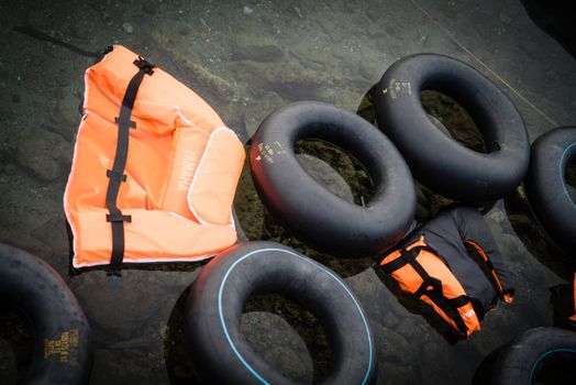 GREECE, Lesbos: The northern coast of the Greek island of Lesbos is covered with thousands of orange life jackets on November 8, 2015. A fresh group of refugees arrive under the supervision of the Greek and Turkish coast guards.  
