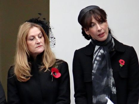 UK, London: The Queen, the Duke of Edinburgh, UK Prime Minister David Cameron, and veterans lay wreaths at the Cenotaph in London to honour war dead on November 8, 2015. The Remembrance Sunday service was held at the Cenotaph in Whitehall. Samantha Cameron (R).