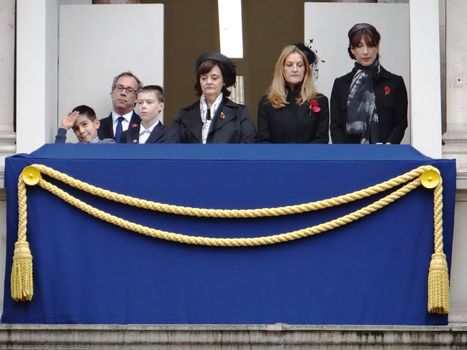UK, London: The Queen, the Duke of Edinburgh, UK Prime Minister David Cameron, and veterans lay wreaths at the Cenotaph in London to honour war dead on November 8, 2015. The Remembrance Sunday service was held at the Cenotaph in Whitehall. Cherie Blair and Samantha Cameron pictured.