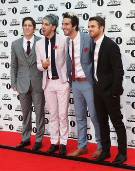 UNITED KINGDOM, London: (From left to right) Zack Merrick, Alex Gaskarth, Jack Barakat and Rian Dawson of All Time Low attend BBC Radio 1's Teen Awards at Wembley Arena in London on November 8, 2015. 