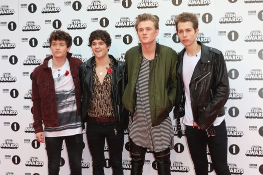 UNITED KINGDOM, London: (From left to right) Connor Ball, Brad Simpson, Tristan Evens and James McVey of The Vamps attend BBC Radio 1's Teen Awards at Wembley Arena in London on November 8, 2015. 
