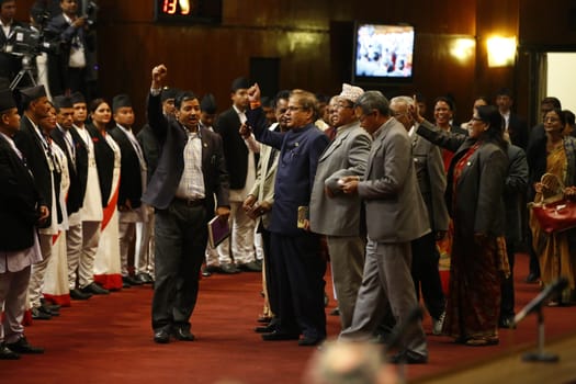 NEPAL, Kathmandu:  As unrest continues in Nepal surrounding the nation's new constitution, protesters from Nepal's indigenous Madhesi community disrupted a parliamentary meeting in Kathmandu on November 8, 2015. Demanding more government representation, these indigenous people have placed blockades at all border crossings with India for the past three months, moving Nepal closer and closer to a humanitarian crisis.  As the United Democratic Madhesi Front took the stage to disrupt the parliamentary meeting, lawmakers backing the protesters chanted pro-Madhesi slogans. 