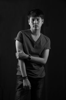 Portrait of Asian young man on black background