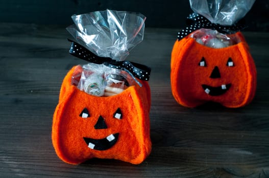 Halloween pumpkins filled with candy