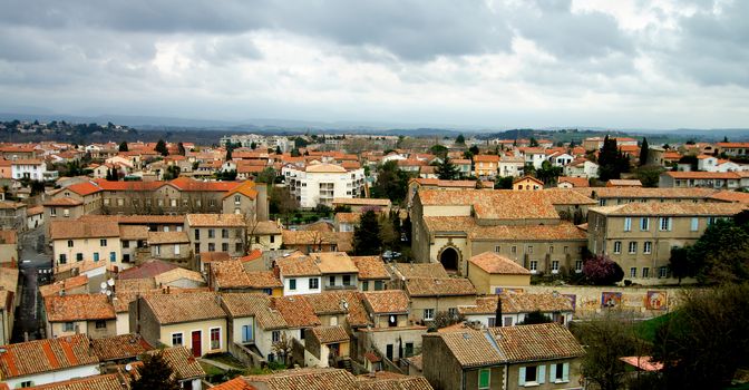Panoramic View of Carcassonne City in Cloudy Summer Day Outdoors, France