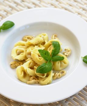 Delicious Homemade Meat Cappelletti with Mustard Sauce and Basil in White Plate closeup on Wicker background. Focus on Foreground