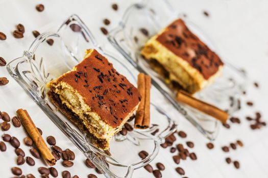 Tiramisu Cake with coffee beans and cinnamon